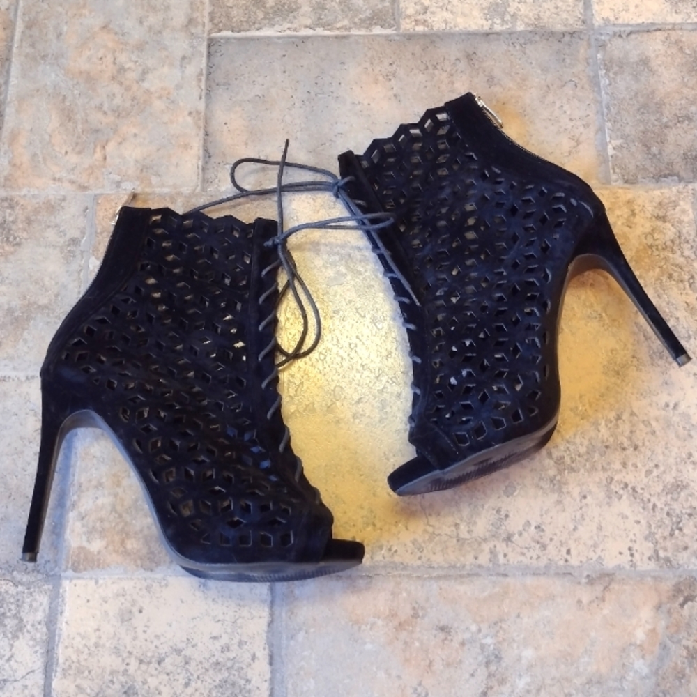 Laser cut peep toe stiletto booties size 8.5